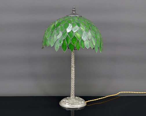 Palm Lamp in Silvered Bronze and Green Stained Glass, 1890s-XNH-1804657