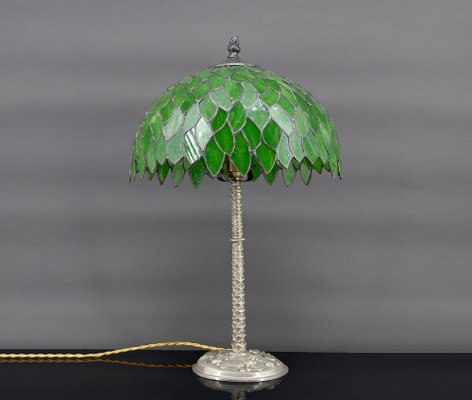 Palm Lamp in Silvered Bronze and Green Stained Glass, 1890s-XNH-1804657