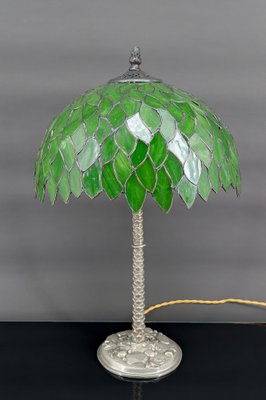 Palm Lamp in Silvered Bronze and Green Stained Glass, 1890s-XNH-1804657