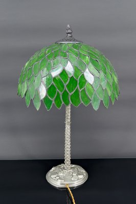 Palm Lamp in Silvered Bronze and Green Stained Glass, 1890s-XNH-1804657