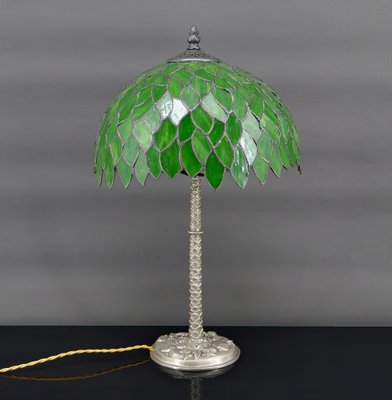 Palm Lamp in Silvered Bronze and Green Stained Glass, 1890s-XNH-1804657