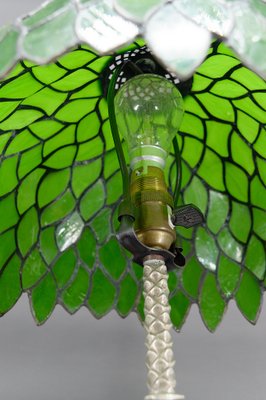 Palm Lamp in Silvered Bronze and Green Stained Glass, 1890s-XNH-1804657