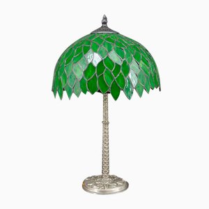 Palm Lamp in Silvered Bronze and Green Stained Glass, 1890s-XNH-1804657