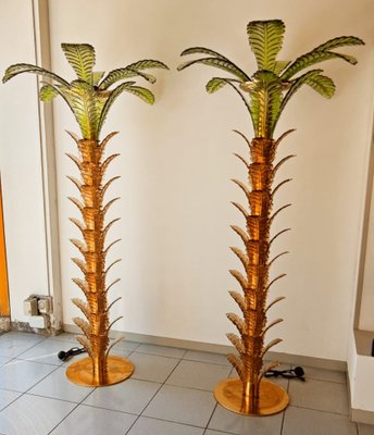 Palm Tree Floor Lamps in Brass & Murano Glass, Set of 2-QLH-1336582