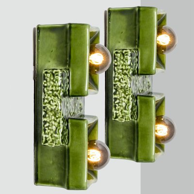 Pan Ceramics Green Textured Square Wall Lights, 1970s-VDW-2035173