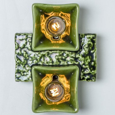 Pan Ceramics Green Textured Square Wall Lights, 1970s-VDW-2035173