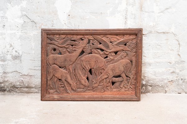 Panel with African Animalist Relief in Teak, 20th Century-UJE-1706469