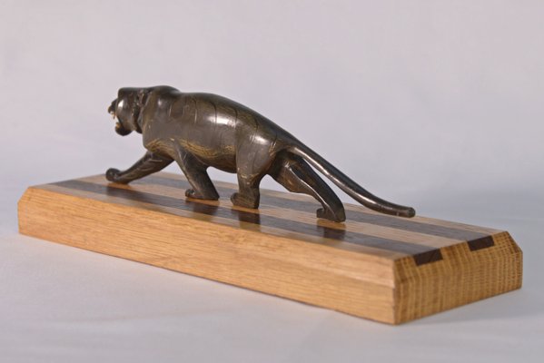 Panther Sculpture on Oak Wood Base with Wenge Inlay, 1920s-NEN-2021751