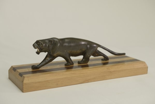 Panther Sculpture on Oak Wood Base with Wenge Inlay, 1920s-NEN-2021751