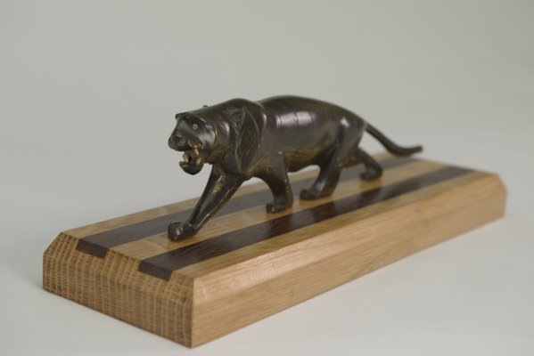 Panther Sculpture on Oak Wood Base with Wenge Inlay, 1920s-NEN-2021751