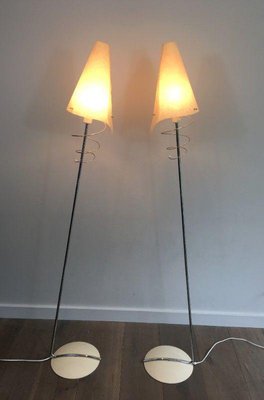 Parquet Floor Lamps in Lacquered Metal, Chrome & White Plastic, Set of 2-BA-1365564