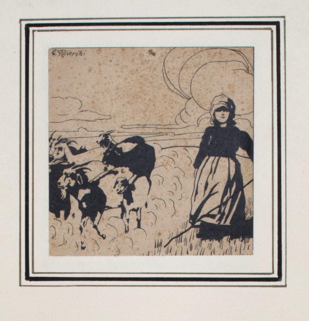 Pastorella (Shepherdess)- China Ink on Paper by G. Roveroni - Early 20th Century Early 20th Century