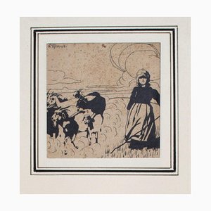 Pastorella (Shepherdess)- China Ink on Paper by G. Roveroni - Early 20th Century Early 20th Century-ZCI-779388