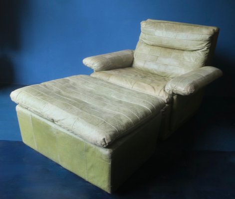 Patchwork Leather Lounge Chair and Ottoman in Olive Green from Laauser, 1970s, Set of 2-ED-2020128