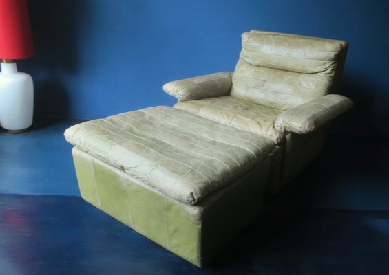 Patchwork Leather Lounge Chair and Ottoman in Olive Green from Laauser, 1970s, Set of 2-ED-2020128