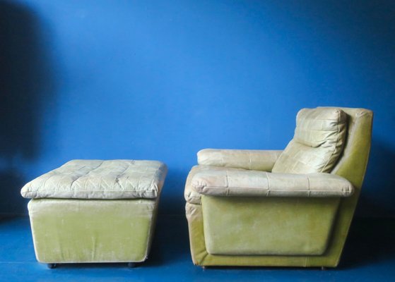 Patchwork Leather Lounge Chair and Ottoman in Olive Green from Laauser, 1970s, Set of 2-ED-2020128