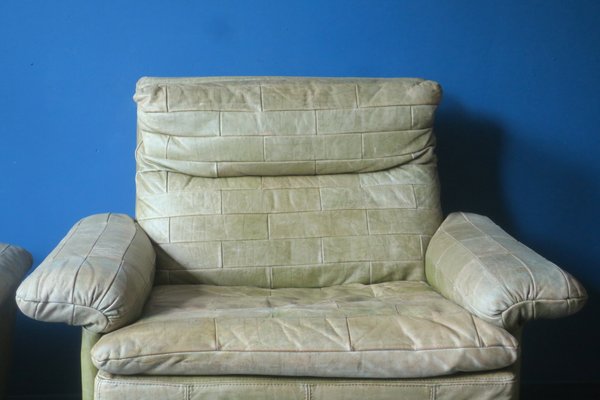 Patchwork Leather Lounge Chair and Ottoman in Olive Green from Laauser, 1970s, Set of 2-ED-2020128