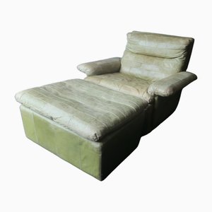 Patchwork Leather Lounge Chair and Ottoman in Olive Green from Laauser, 1970s, Set of 2-ED-2020128