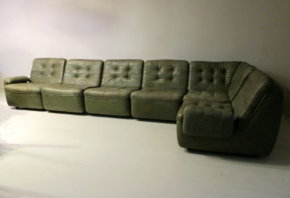 Patchwork Modular Sofa Set in Olive Green Patinated Leather, 1970s, Set of 6-ED-1807721