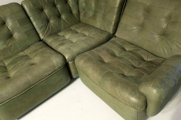 Patchwork Modular Sofa Set in Olive Green Patinated Leather, 1970s, Set of 6-ED-1807721