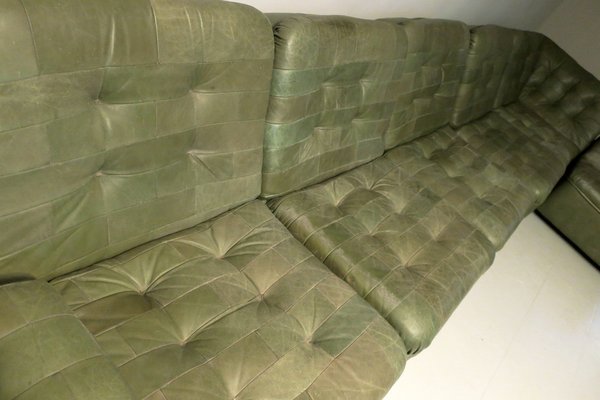 Patchwork Modular Sofa Set in Olive Green Patinated Leather, 1970s, Set of 6-ED-1807721