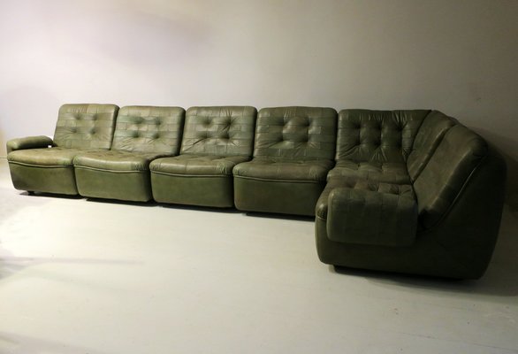 Patchwork Modular Sofa Set in Olive Green Patinated Leather, 1970s, Set of 6-ED-1807721