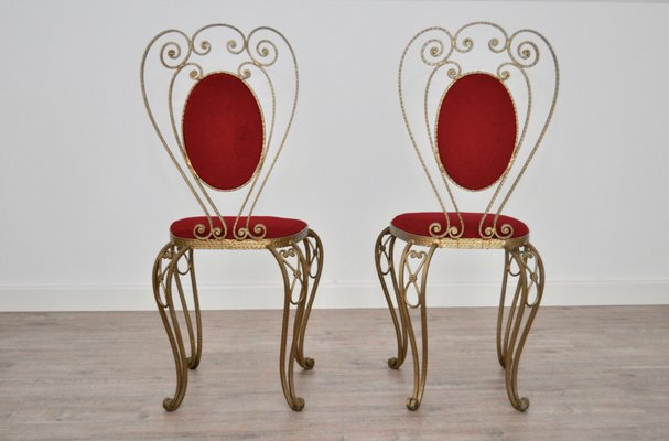 Patinated Brass, Wrought Iron, and Velvet Side Chairs, 1970s, Set of 2-KNM-562061