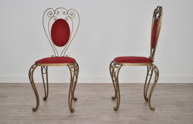 Patinated Brass, Wrought Iron, and Velvet Side Chairs, 1970s, Set of 2-KNM-562061