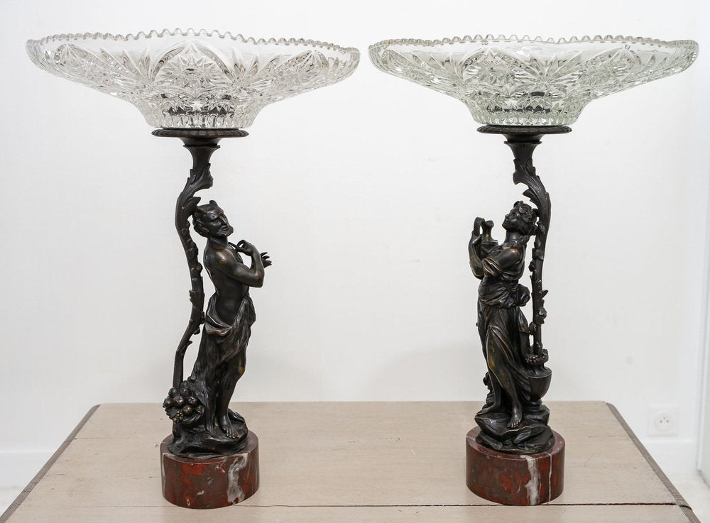 Patinated Bronze Centerpieces with Red Griotte de Campan Marble Bases, 19th Century, Set of 2