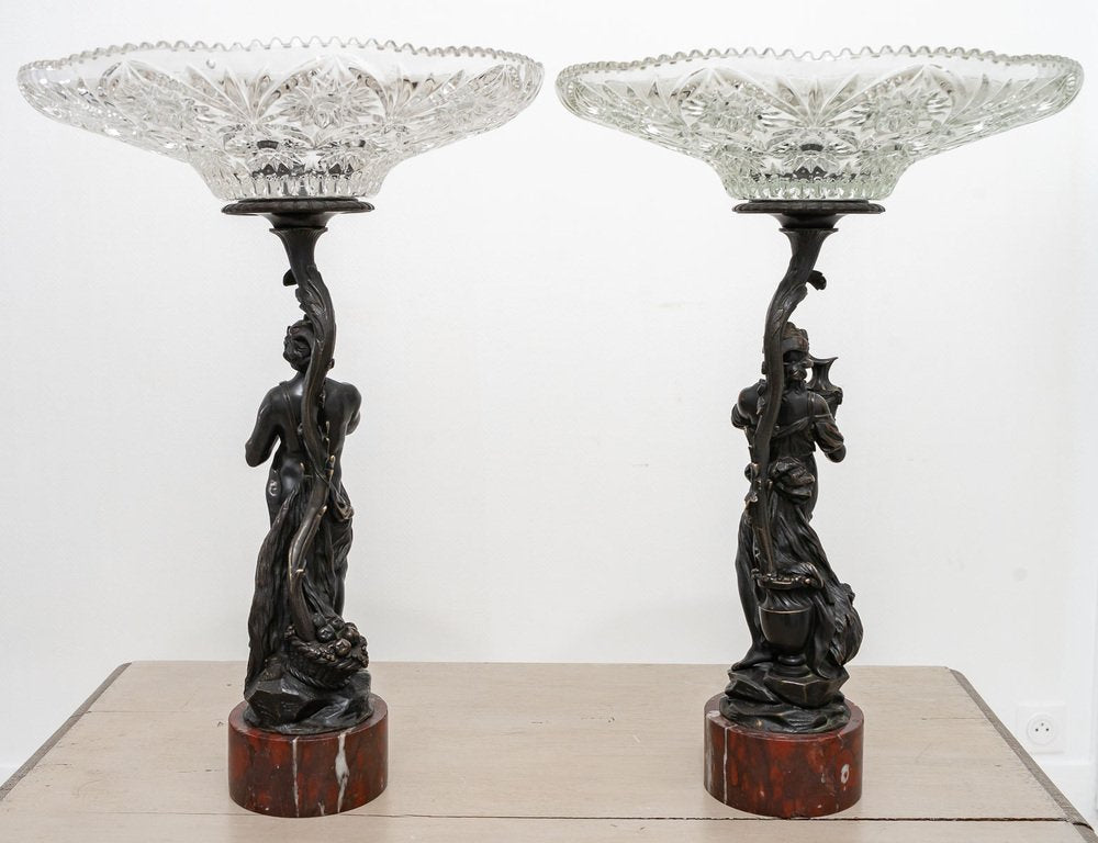 Patinated Bronze Centerpieces with Red Griotte de Campan Marble Bases, 19th Century, Set of 2