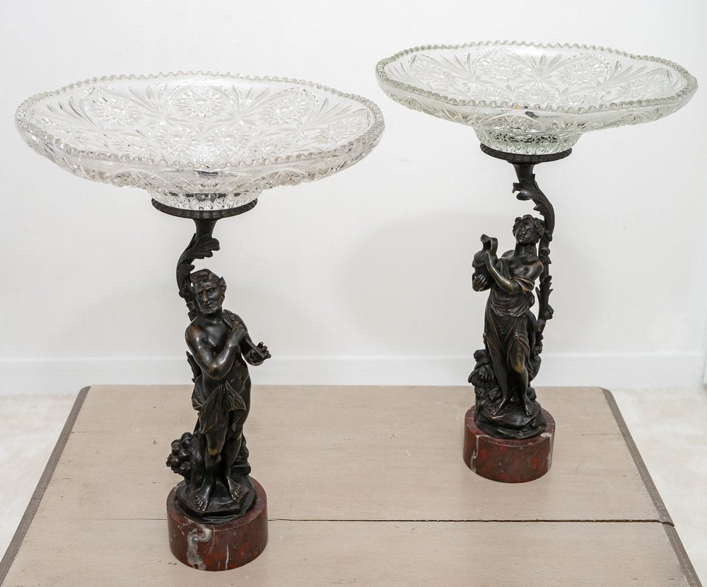 Patinated Bronze Centerpieces with Red Griotte de Campan Marble Bases, 19th Century, Set of 2