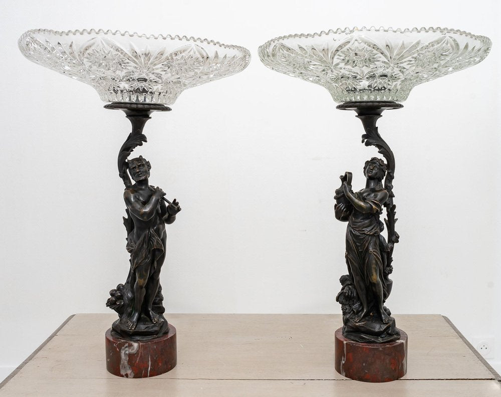 Patinated Bronze Centerpieces with Red Griotte de Campan Marble Bases, 19th Century, Set of 2