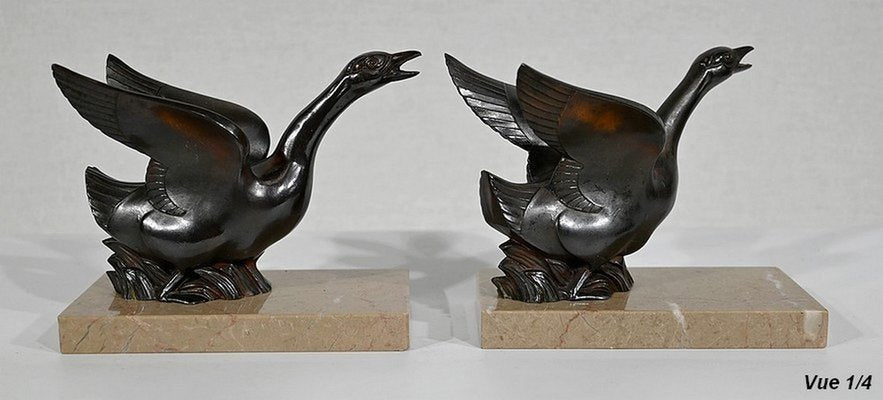 Patinated Metal and Marble Swan Bookends, 1930s-1940s, Set of 2-RVK-1338482