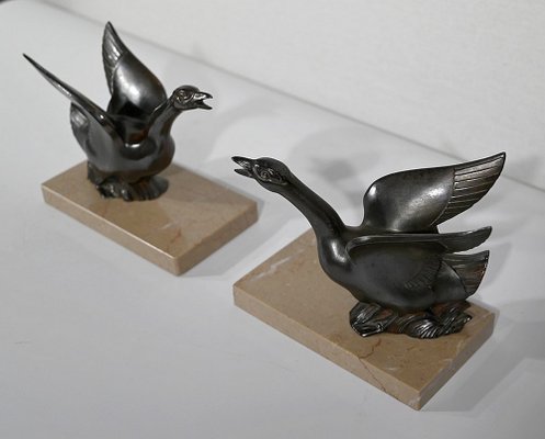 Patinated Metal and Marble Swan Bookends, 1930s-1940s, Set of 2-RVK-1338482