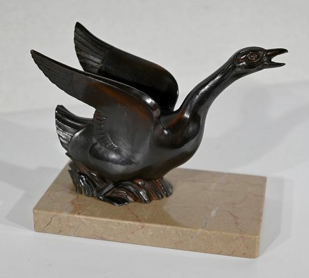 Patinated Metal and Marble Swan Bookends, 1930s-1940s, Set of 2-RVK-1338482