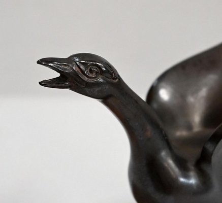 Patinated Metal and Marble Swan Bookends, 1930s-1940s, Set of 2-RVK-1338482