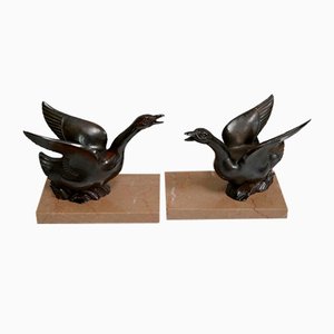 Patinated Metal and Marble Swan Bookends, 1930s-1940s, Set of 2-RVK-1338482