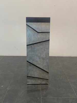 Patinated Silver Leaf Pedestal with Black Lacquered Engraved Lines-IJR-1393314