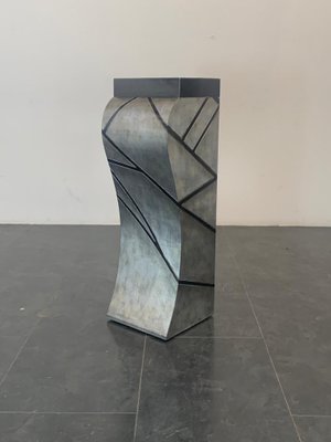 Patinated Silver Leaf Pedestal with Black Lacquered Engraved Lines-IJR-1393314