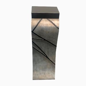 Patinated Silver Leaf Pedestal with Black Lacquered Engraved Lines-IJR-1393314