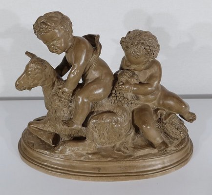 Patinated Terracotta Sculpture of Putti Playing with a Goat, 1900s-RVK-1245187