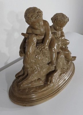 Patinated Terracotta Sculpture of Putti Playing with a Goat, 1900s-RVK-1245187