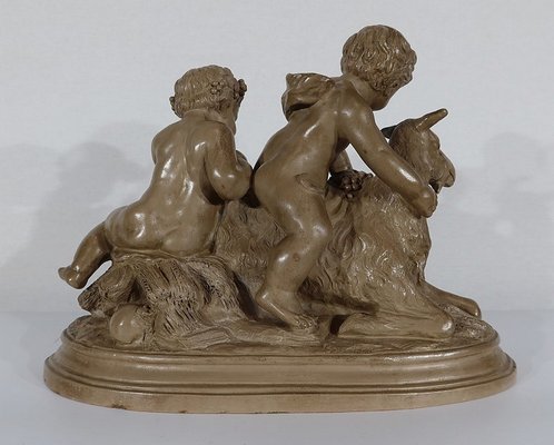 Patinated Terracotta Sculpture of Putti Playing with a Goat, 1900s-RVK-1245187