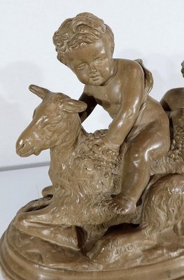 Patinated Terracotta Sculpture of Putti Playing with a Goat, 1900s-RVK-1245187