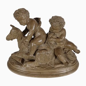 Patinated Terracotta Sculpture of Putti Playing with a Goat, 1900s-RVK-1245187