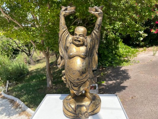 Patinated Wooden Buddha Sculpture in Gilt Color-UR-1326499