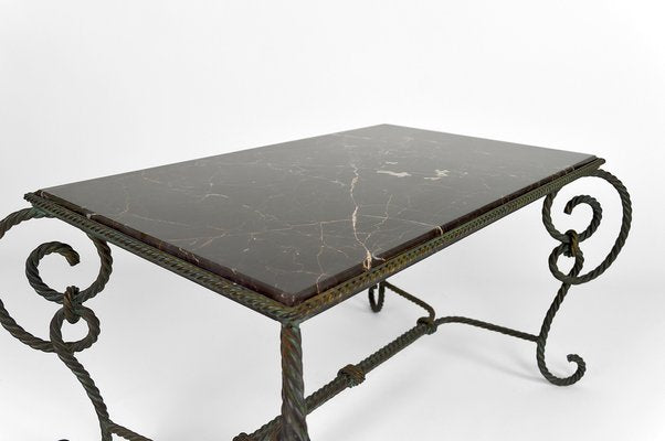 Patinated Wrought Iron and Black Marble Coffee Table, 1940s-XNH-1176470