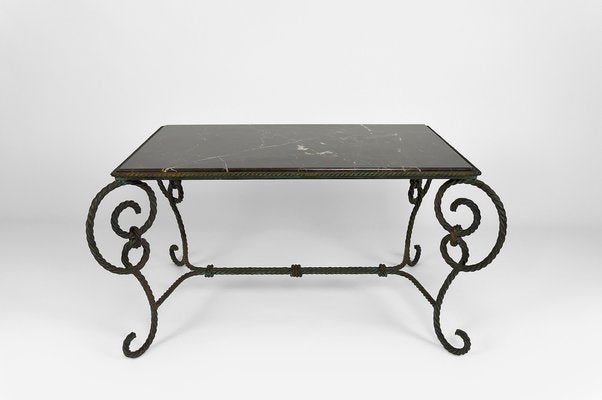 Patinated Wrought Iron and Black Marble Coffee Table, 1940s-XNH-1176470