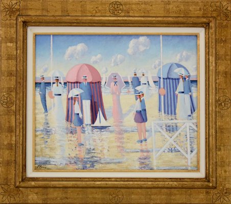 Paul Frans, People on the Beach with Cabins, 1980, Painting-KTN-1388722