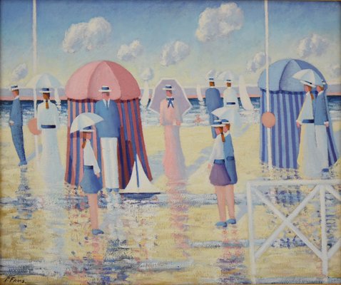 Paul Frans, People on the Beach with Cabins, 1980, Painting-KTN-1388722